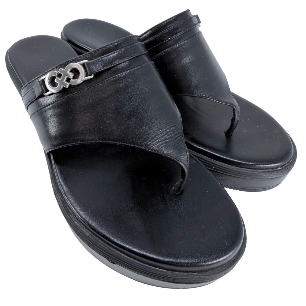 Cole Haan Grand.OS Black Leather Wedge Thong Sandals Silver Hardware W06766 7B